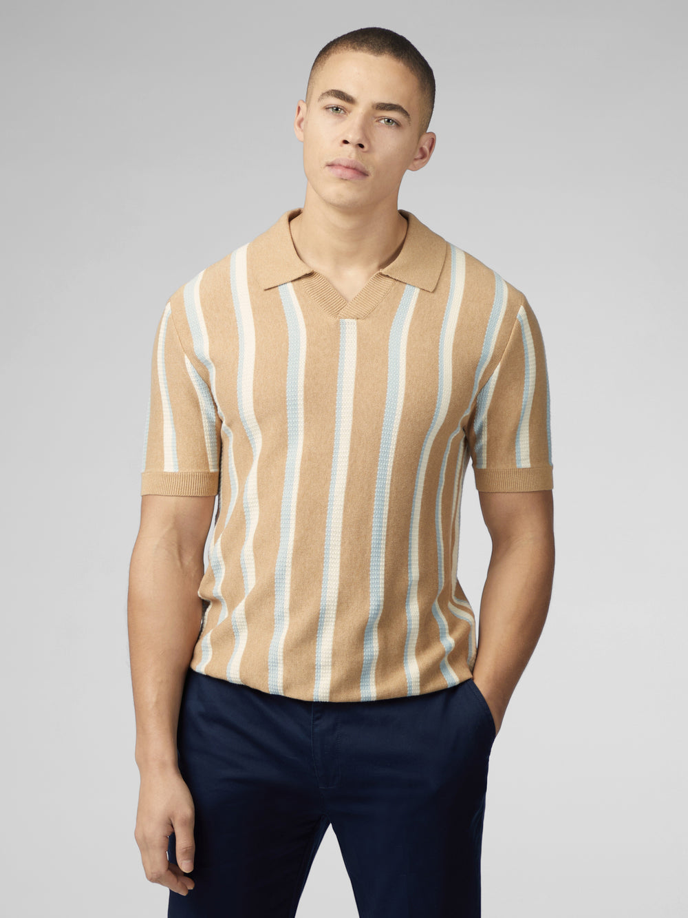 Knitwear Ben Sherman Vertical Stripe Open Neck Polo Grise | OQX-15049200